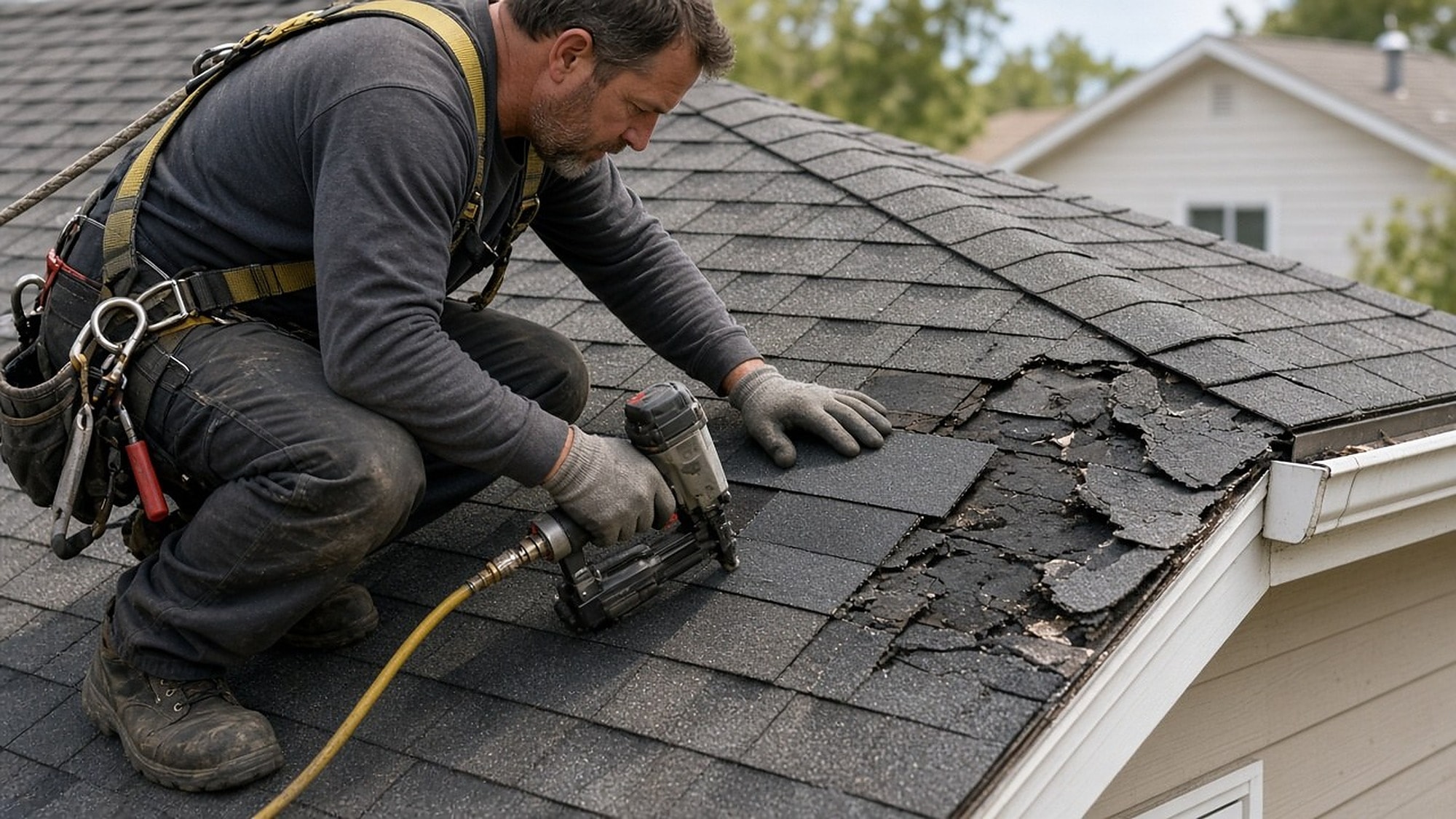 Roofer repairing damaged shingles on a residential roof