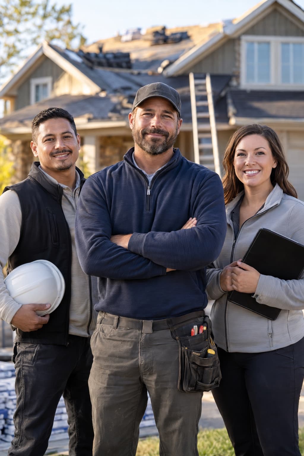 Three Armor roofing professionals at a residential job site